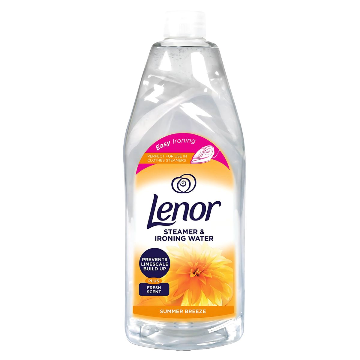 A clear plastic bottle of Lenor Summer Breeze Steamer & Ironing Water (1L) features a vibrant label with a yellow flower, emphasizing easy ironing and long-lasting freshness.