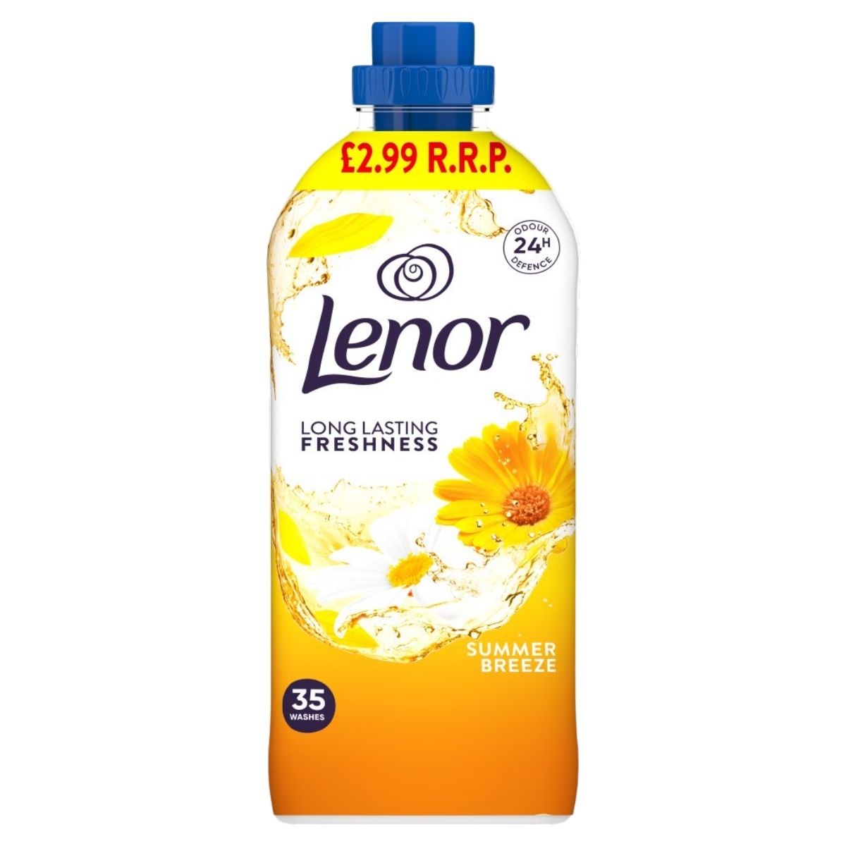 Lenor Summer Breeze Fabric Conditioner 1.155L (35 washes) offers plant-based softness and long-lasting freshness in yellow packaging with a blue cap and floral design. R.R.P. £2.99.