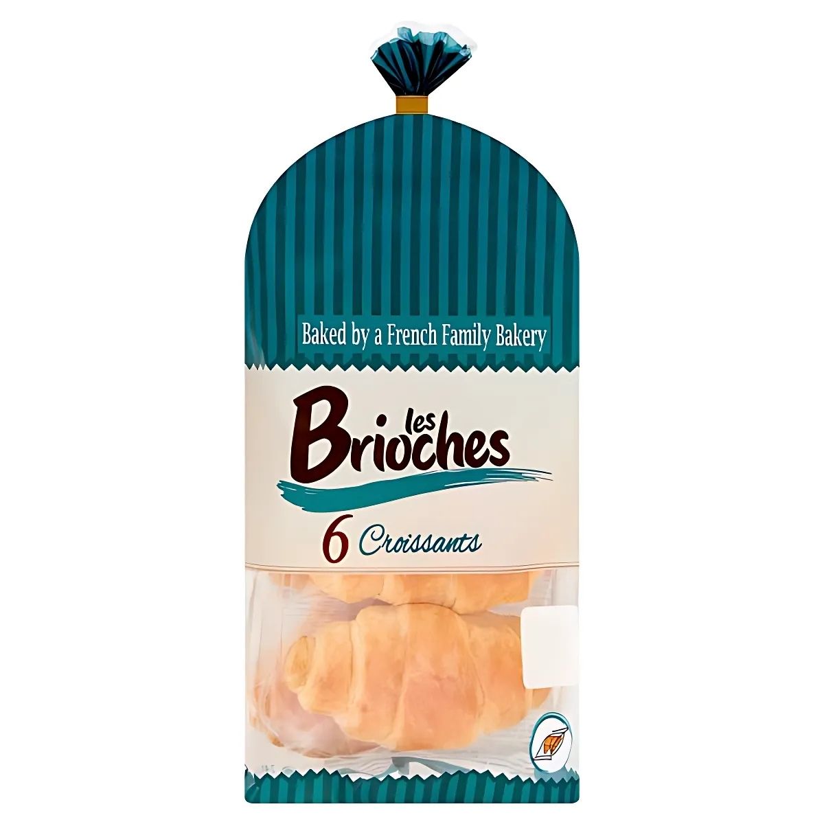 A teal and cream bag labeled "Les Brioches" containing six croissants weighing 240g.