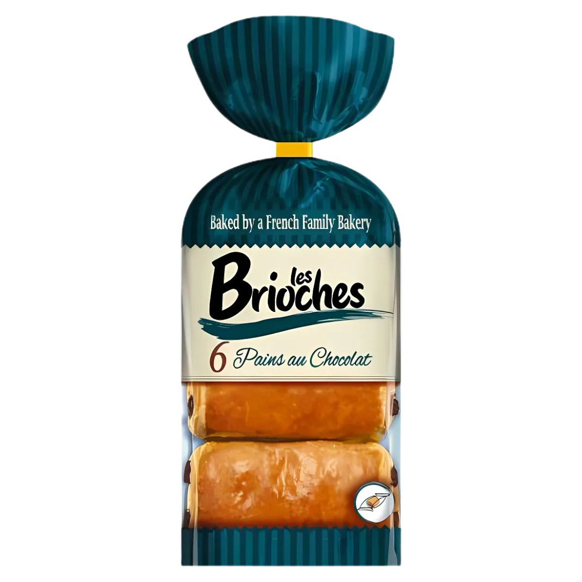 Packaging for "Les Brioches - 6 Pains au Chocolat - 270g" showcases a blue and gold design, with a label stating it is crafted by a French family bakery.