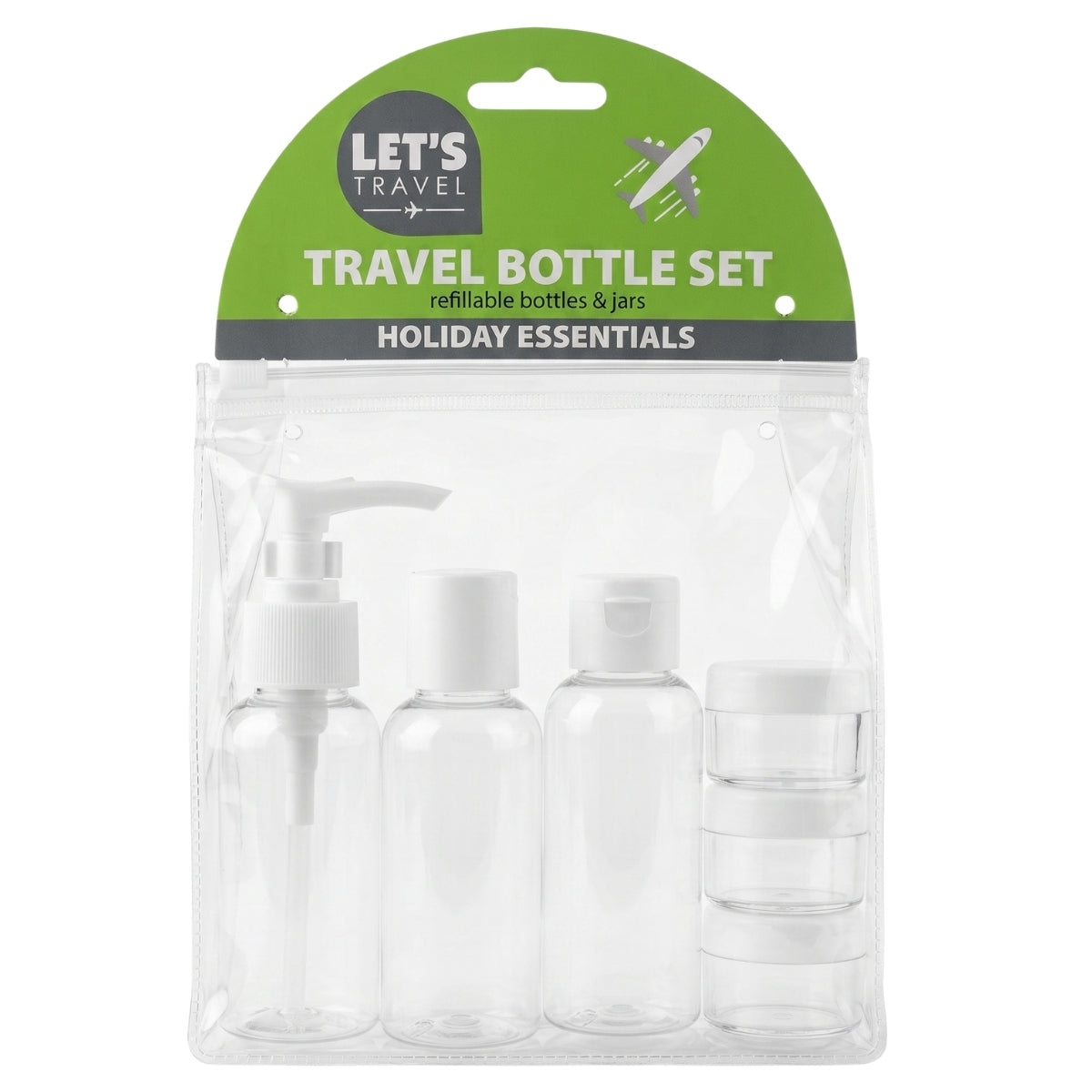 Let’s Travel - Refillable Bottle Set - 6Pcs by Let’s Travel: a clear plastic travel bottle set in a zip bag, including three bottles, one pump, and three small jars, packaged and labeled “Let’s Travel Holiday Essentials.”.