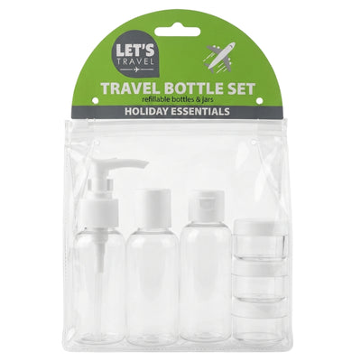 Let’s Travel - Refillable Bottle Set - 6Pcs by Let’s Travel: a clear plastic travel bottle set in a zip bag, including three bottles, one pump, and three small jars, packaged and labeled “Let’s Travel Holiday Essentials.”.