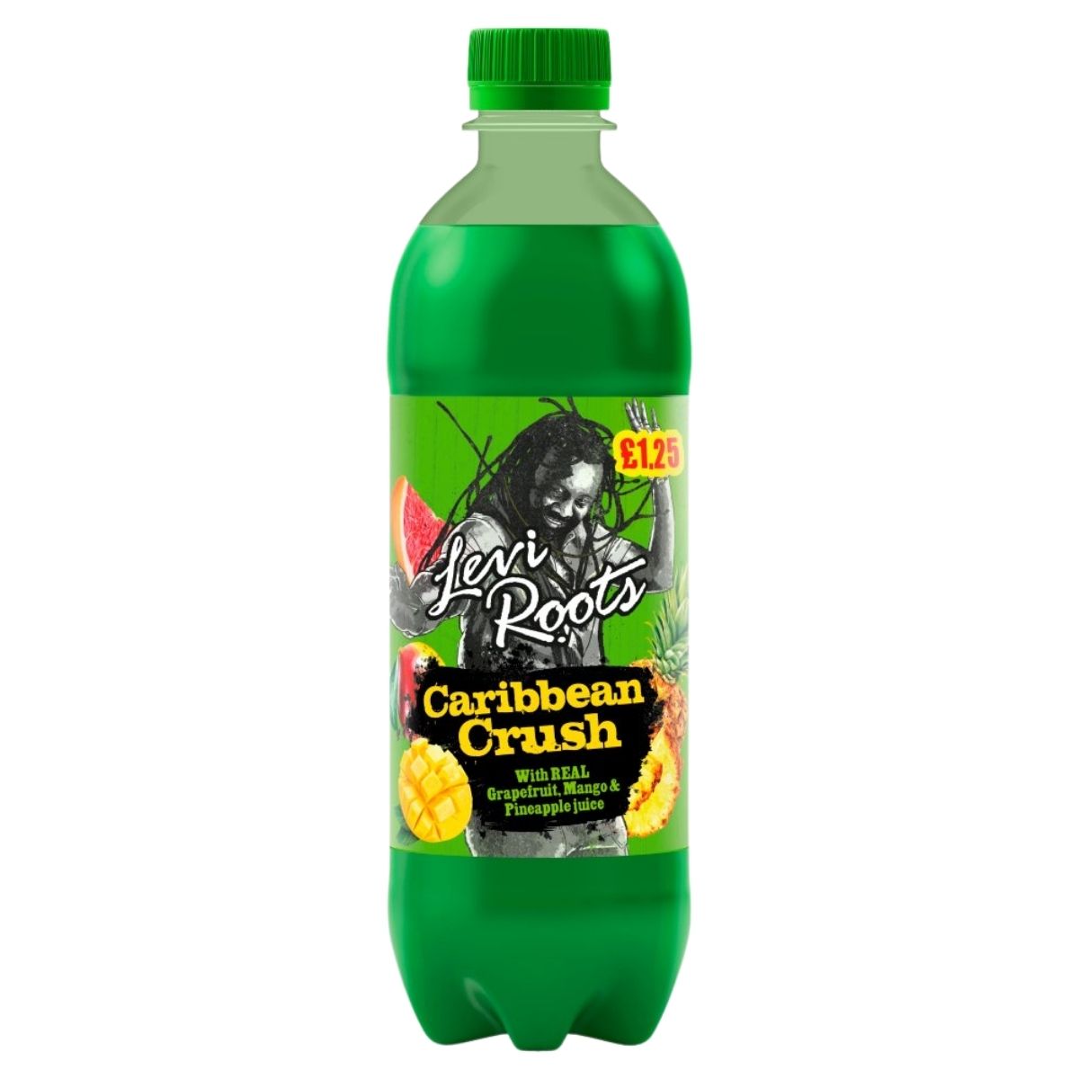 A 500ml bottle of Levi Roots Caribbean Crush with grapefruit, mango & pineapple juice, fruit images on the label, and priced at £1.25.