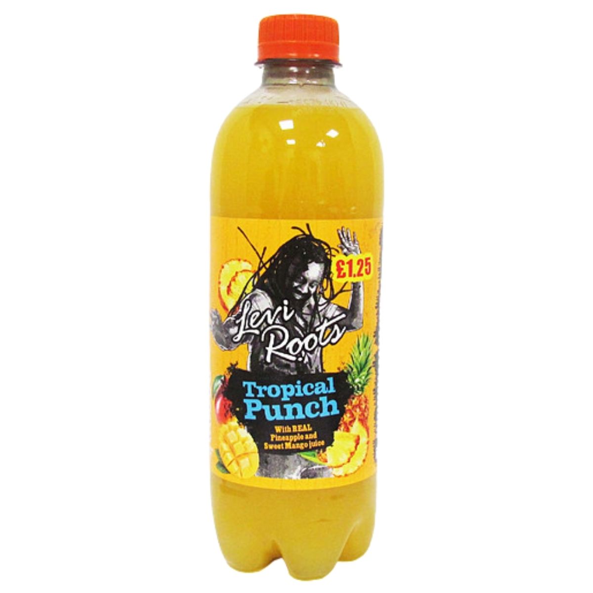 A 500ml bottle of Levi Roots Tropical Punch from Levi Roots, featuring a yellow-orange liquid, orange cap, £1.25 price label, and a vibrant label with colorful fruit graphics.
