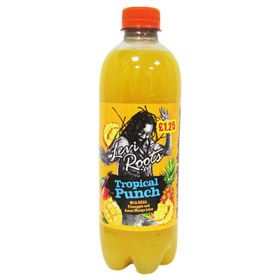 A 500ml bottle of Levi Roots Tropical Punch from Levi Roots, featuring a yellow-orange liquid, orange cap, £1.25 price label, and a vibrant label with colorful fruit graphics.