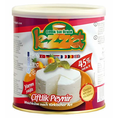 A 400g round tin of Lezzet - 45% Fat Cow Cheese, a Turkish-style soft cheese, with multilingual packaging.