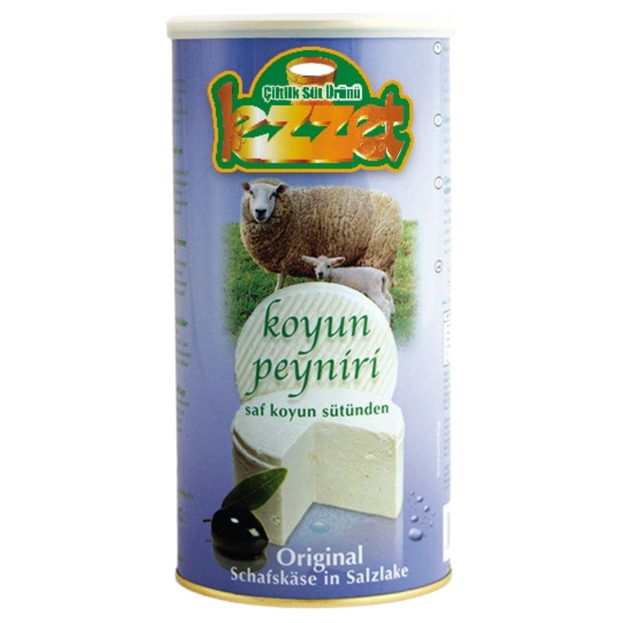 An 800g cylindrical container of Lezzet 50% Fat Sheep Cheese in Brine, featuring images of a sheep, cheese slices, and an olive on the label, known for its creamy texture.