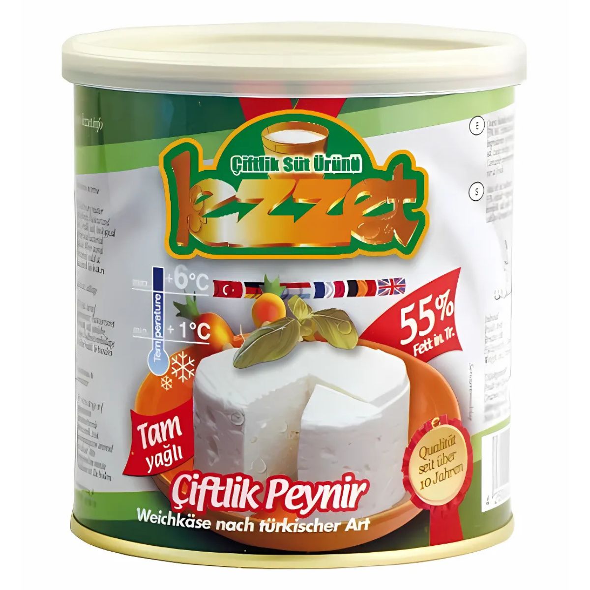 A 400g round tub of Lezzet 55% Fat Cow Cheese, Turkish style, shows a cheese wheel with tomatoes and parsley on the label, emphasizing its creamy texture and 55% fat content.
