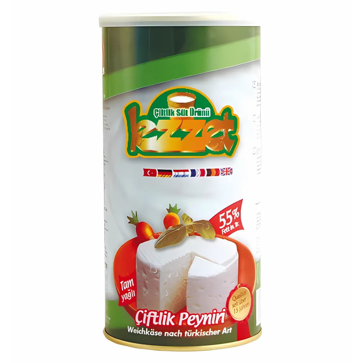A cylindrical container of Lezzet Cheese 55% Fat Cow Cheese - 800g, featuring an image of cheese and tomatoes on the label.