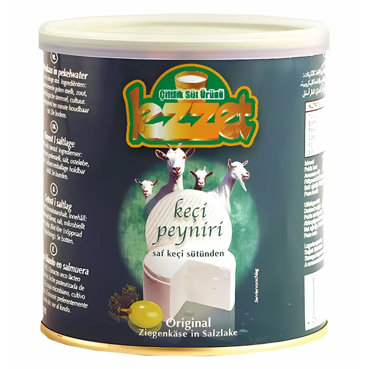 A 400g can of Lezzet Goat Cheese in brine, made from pasteurized goat milk, with images of goats and cheese plus multilingual labeling on the packaging.