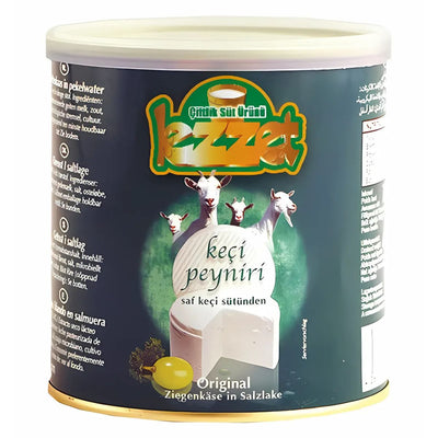 A 400g can of Lezzet Goat Cheese in brine, made from pasteurized goat milk, with images of goats and cheese plus multilingual labeling on the packaging.