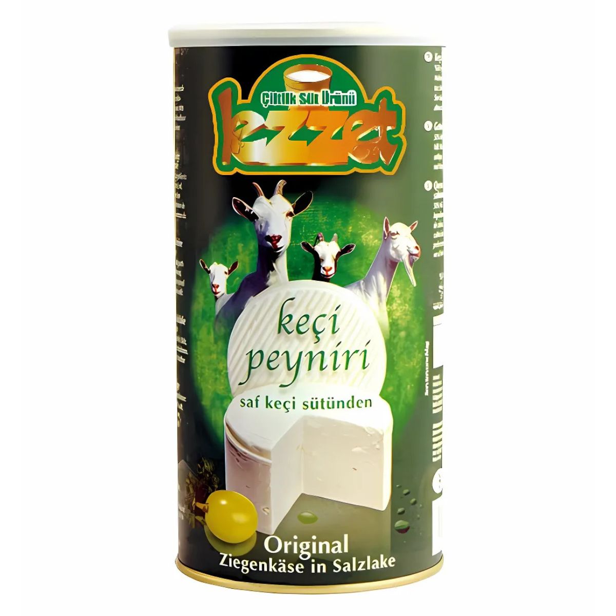 A cylindrical container of Lezzet - Original Goat Cheese in Brine (800g), labeled "keçi peyniri," features images of goats and a block of white cheese, with green and yellow accents.