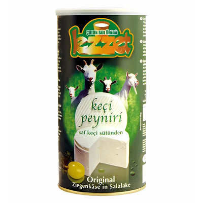 A cylindrical container of Lezzet - Original Goat Cheese in Brine (800g), labeled "keçi peyniri," features images of goats and a block of white cheese, with green and yellow accents.