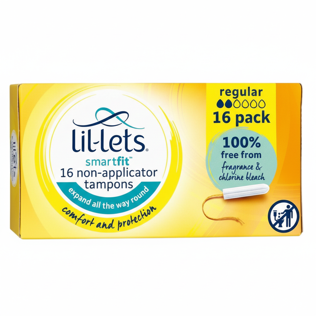 Lil-Lets Non-Applicator Regular Tampons (16 pack) offer comfort and reliable protection. The packaging states they're 100% free from fragrance and chlorine bleach.