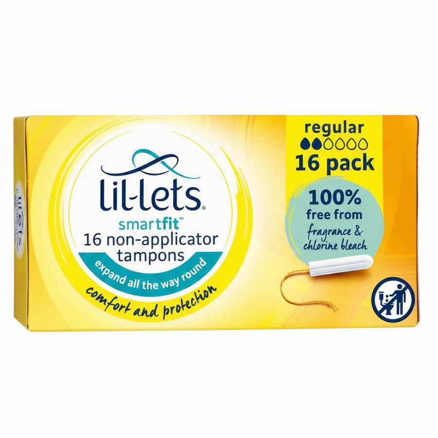 Lil-Lets Non-Applicator Regular Tampons (16 pack) offer comfort and reliable protection. The packaging states they're 100% free from fragrance and chlorine bleach.