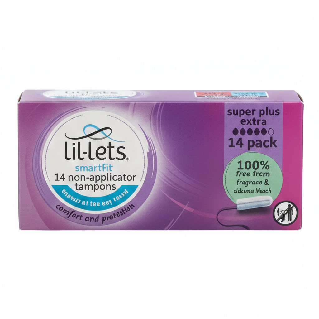 Lil-Lets Non-Applicator Super Plus Extra Tampons, 14 pack; ideal for heavy flow, 100% free from fragrance and chlorine bleach, in purple packaging.