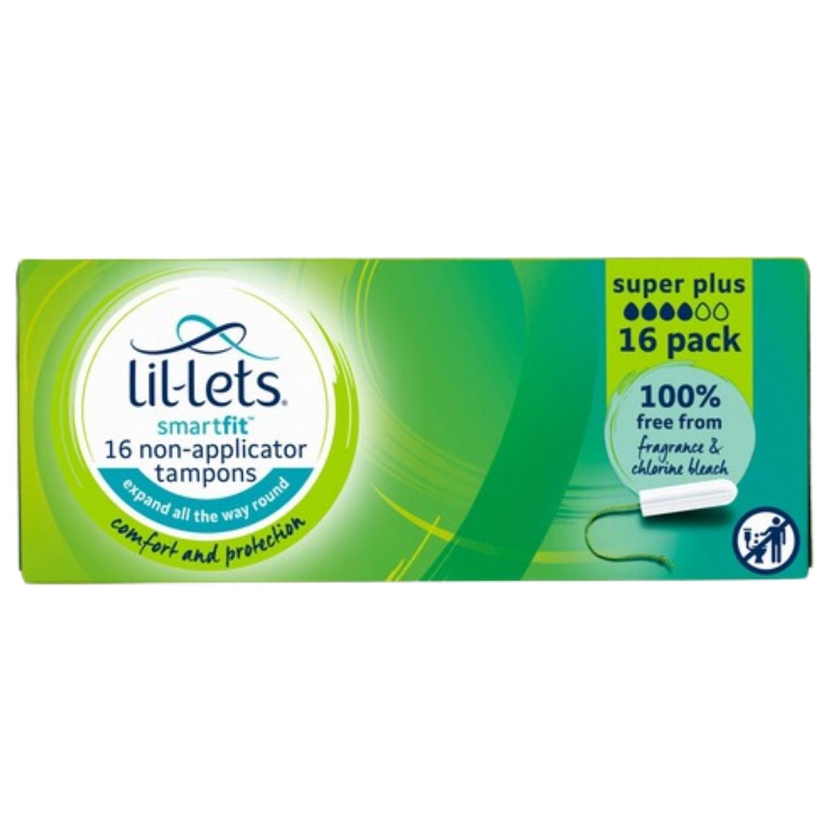 Lil-Lets Non-Applicator Super Plus Tampons, 16 pack, provide reliable comfort and protection for heavy flow. The green packaging displays product details and a visible tampon outline. From Lil-Lets.