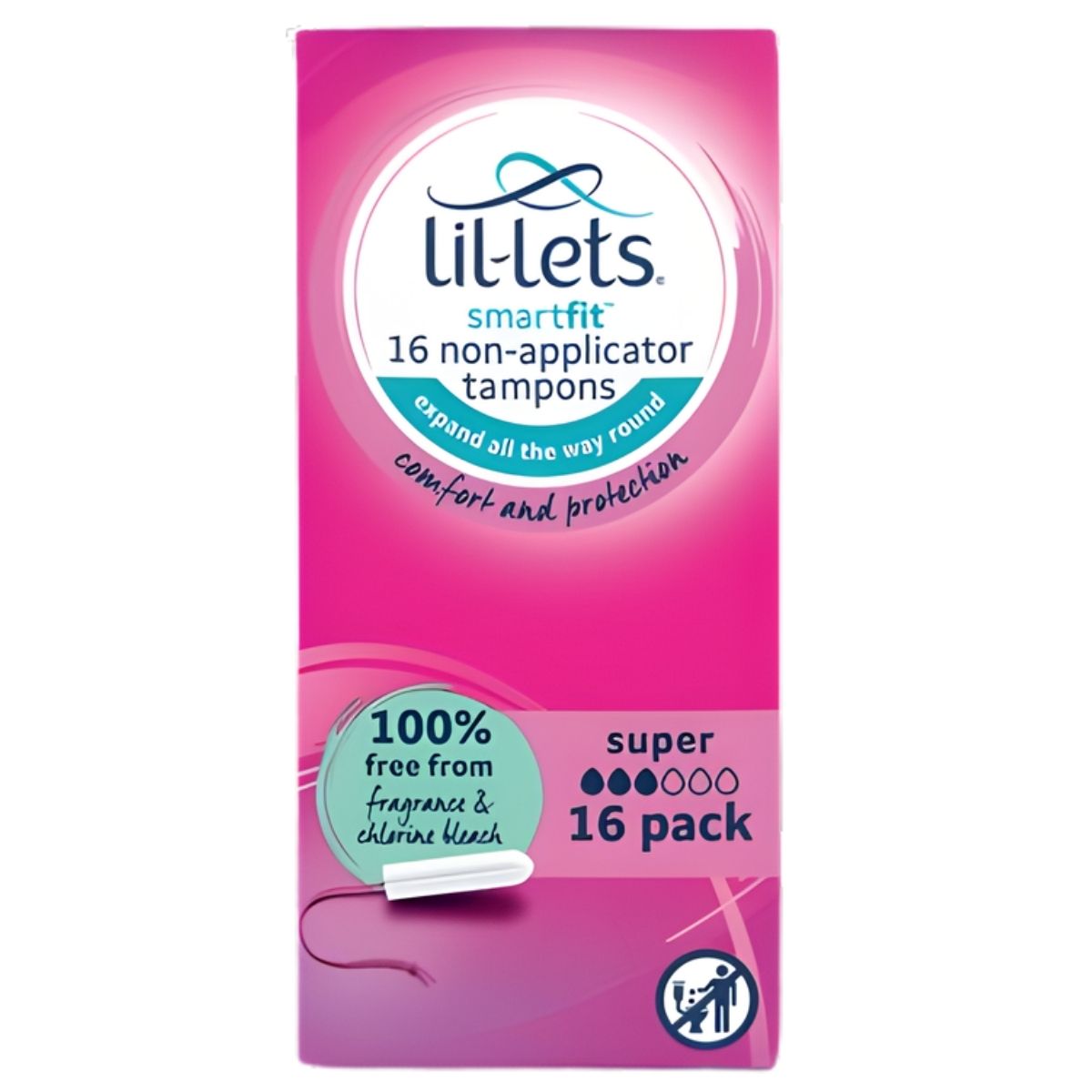 Lil-Lets Non-Applicator Super Tampons 16 Pack: super absorbency, fragrance and chlorine bleach free—an eco-friendly choice from Lil-Lets, supplied in pink packaging.