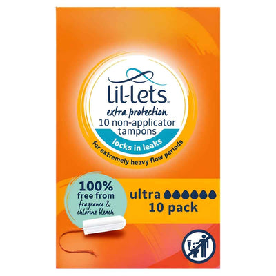 Lil-Lets Non-Applicator Ultra Tampons, 10 pack, for heavy flow. Chlorine-free and fragrance-free, these tampons come in orange and yellow packaging for extra protection.