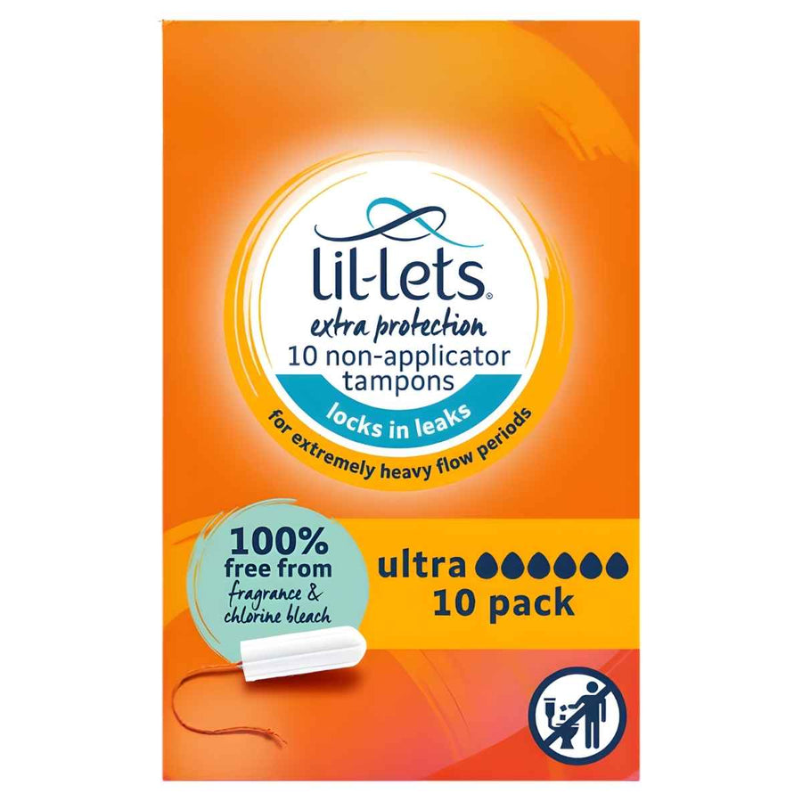 Lil-Lets Non-Applicator Ultra Tampons, 10 pack, for heavy flow. Chlorine-free and fragrance-free, these tampons come in orange and yellow packaging for extra protection.