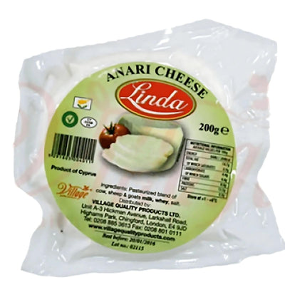 Linda - Anari Cheese - 200g features a label with nutritional info and a cheese-and-tomato logo, made in Cyprus.