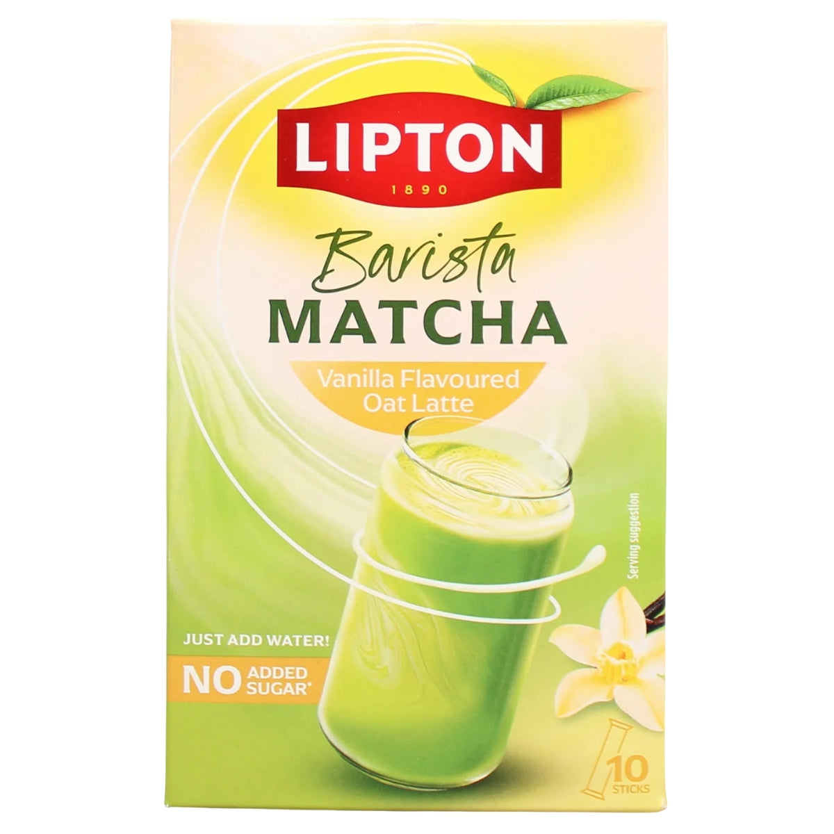 Lipton Barista Matcha Vanilla Flavoured Oat Latte tea box, featuring a green matcha latte illustration and a red Lipton logo on a light yellow and green background.