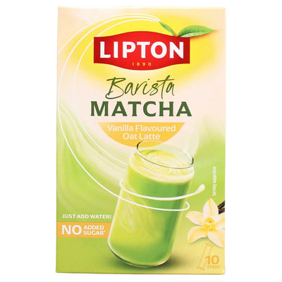 Lipton Barista Matcha Vanilla Flavoured Oat Latte tea box, featuring a green matcha latte illustration and a red Lipton logo on a light yellow and green background.