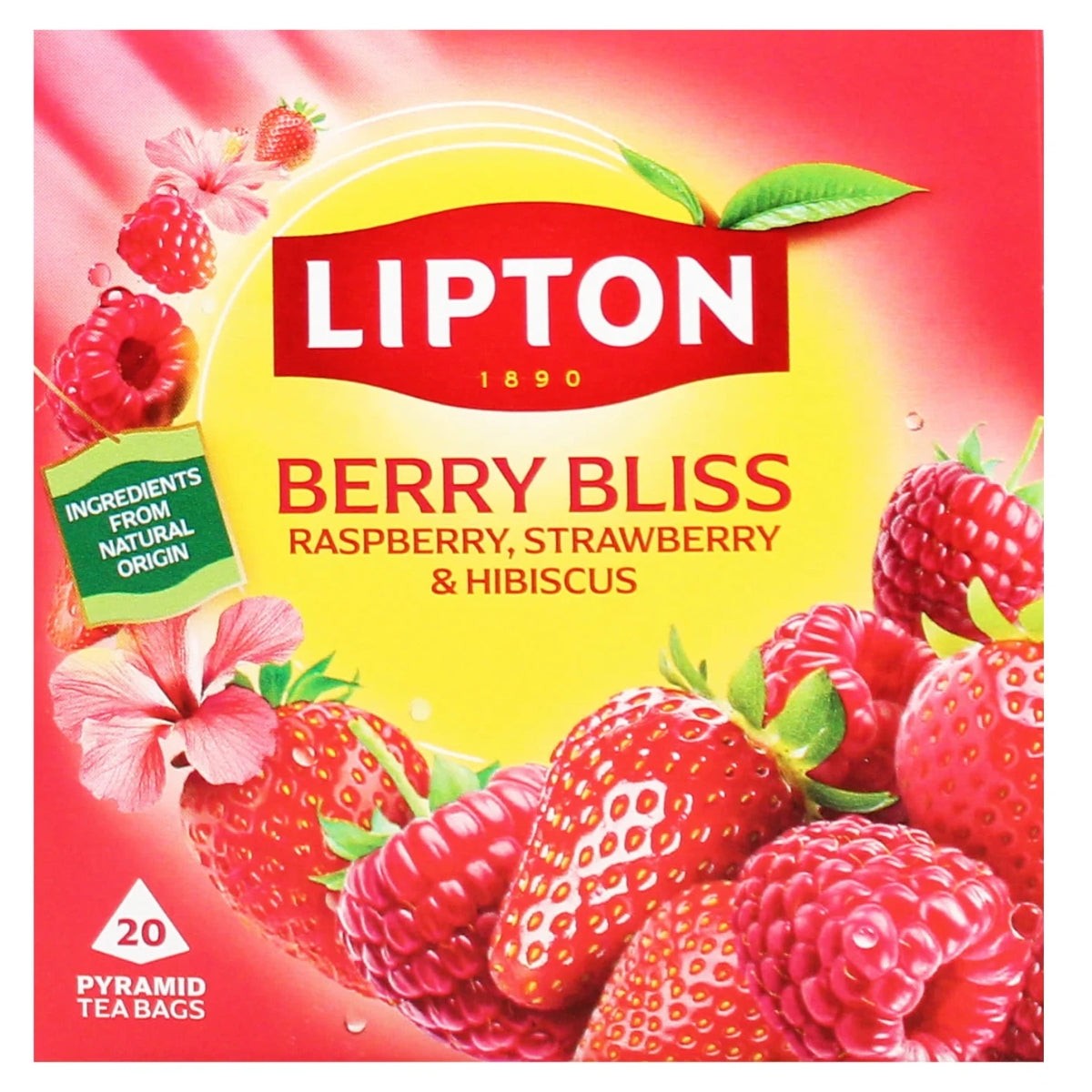 Front of a Lipton Berry Bliss tea bag box showing strawberries, raspberries, and hibiscus imagery on a red and yellow background, with the Lipton brand name prominently visible.