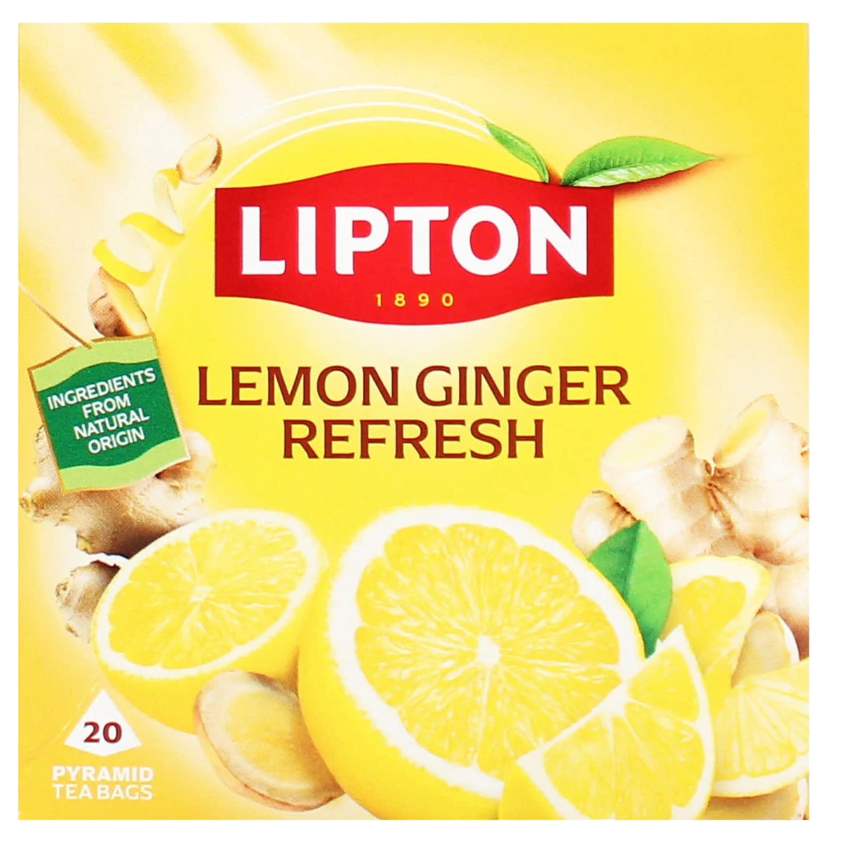 Lipton Lemon Ginger Refresh tea box packaging, featuring a bright yellow background with illustrations of lemons, ginger roots, and the red Lipton logo.