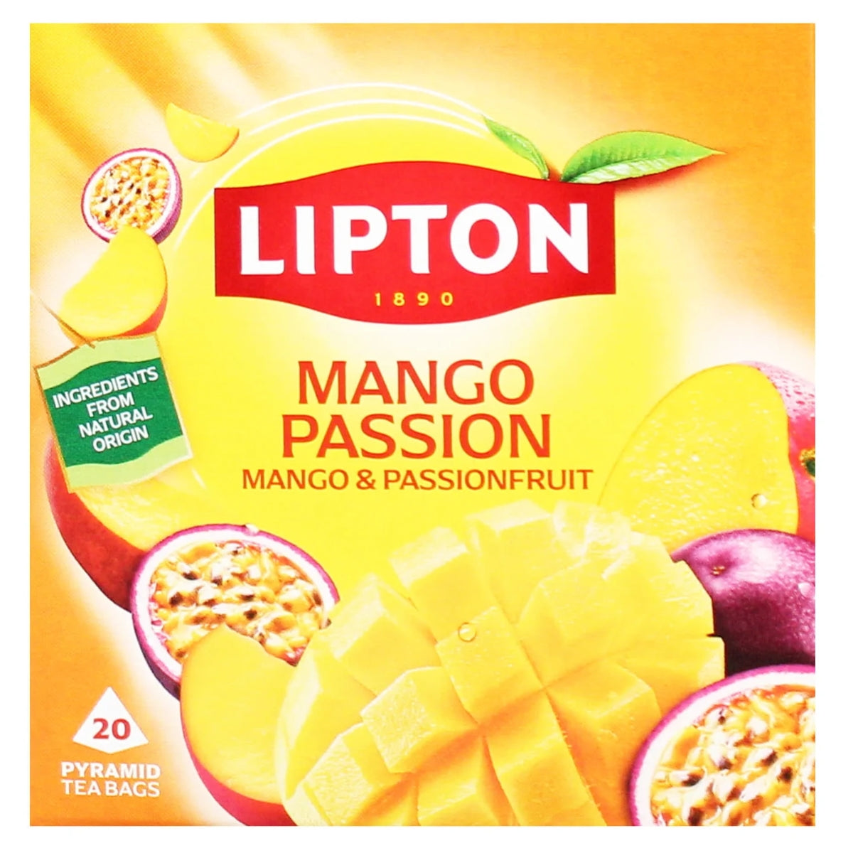 Lipton Mango Passion 20 Tea Bags (42g) box featuring vibrant images of mango and passionfruit, labeled “Mango & Passionfruit” and “Ingredients from natural origin.” Contains 20 pyramid tea bags.
