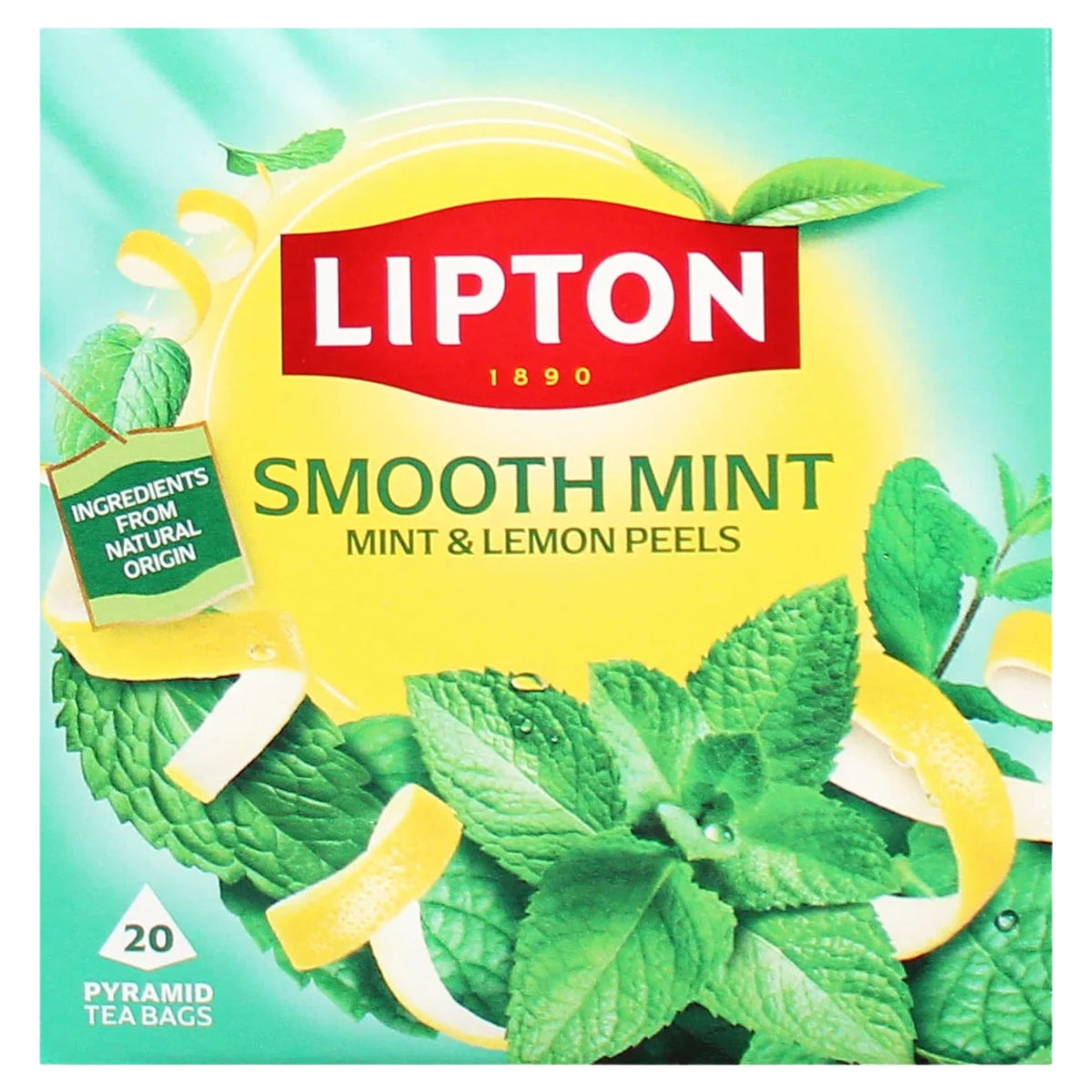 Lipton Mint 20 Tea Bags (42g) by Lipton features a box decorated with mint leaves and lemon peels, a label that reads “Mint & Lemon Peels,” and highlights “Ingredients from natural origin” on the package. The box contains 20 pyramid tea bags.