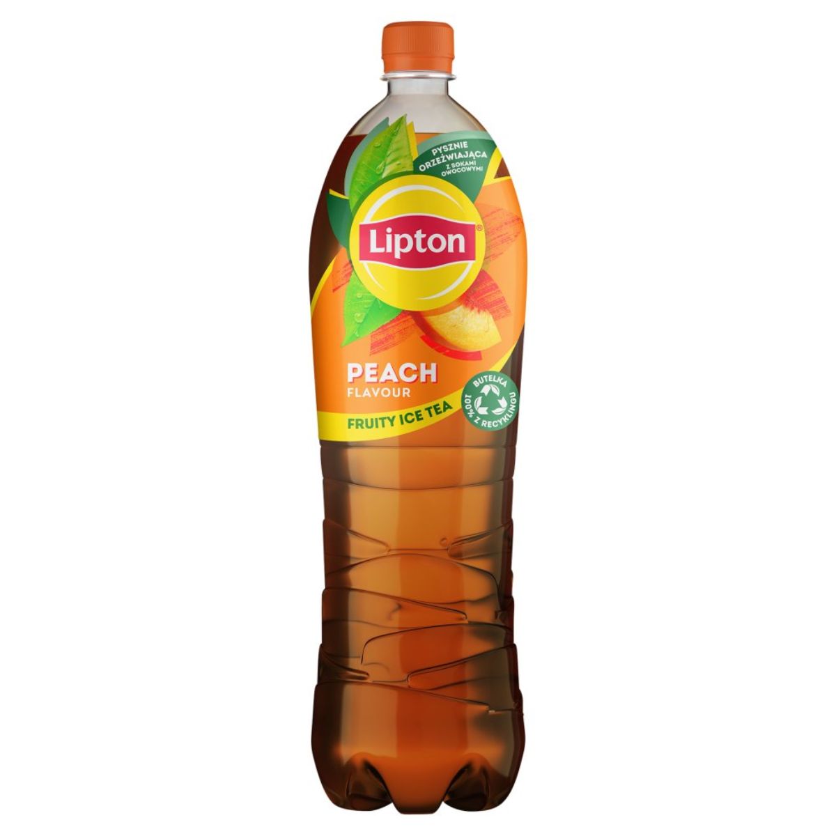 A bottle of Lipton - Peach Ice Tea - 1.5L on a white background.