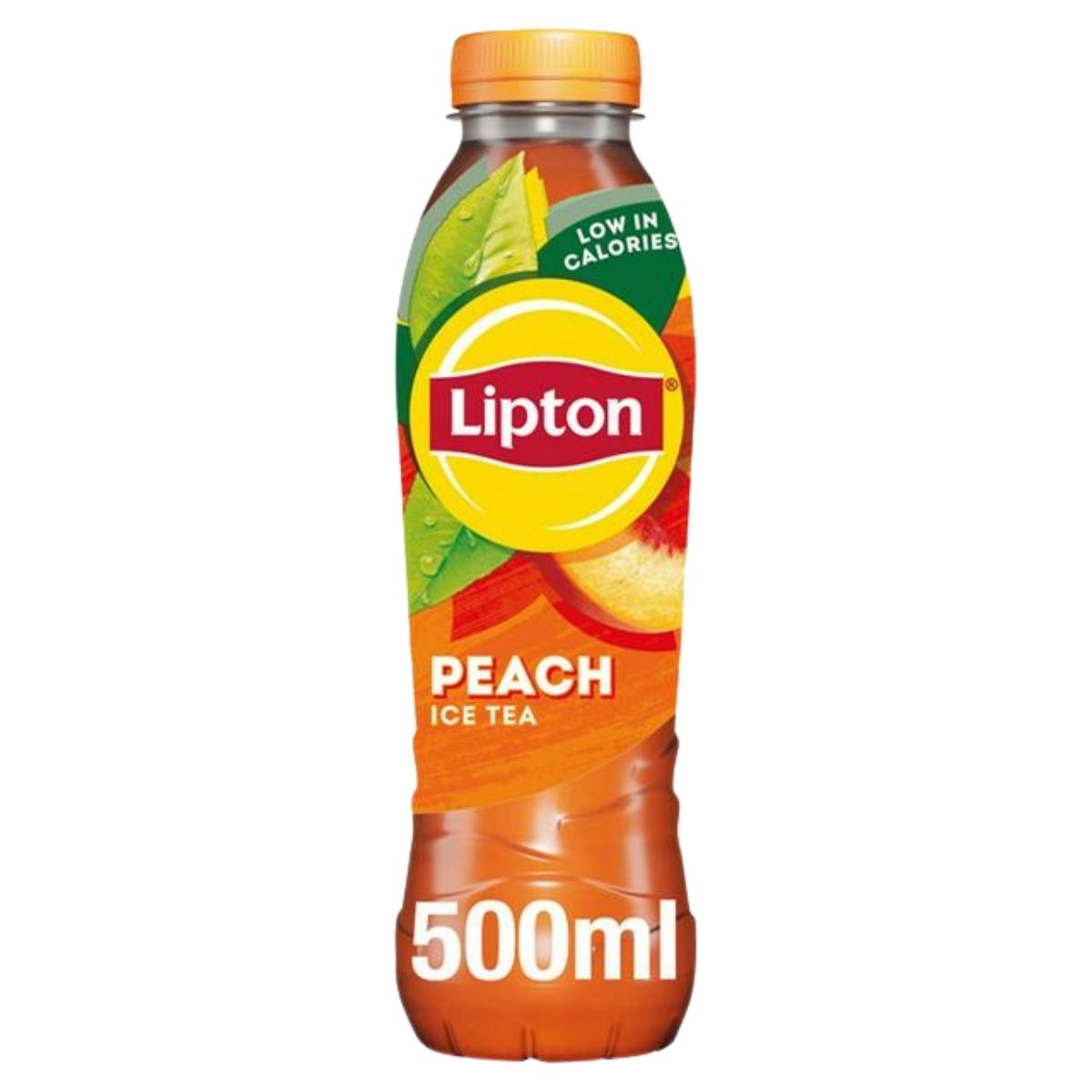 A 500ml Lipton Peach Ice Tea bottle with an orange cap and a label featuring peach slices, leaves, and "low in calories.