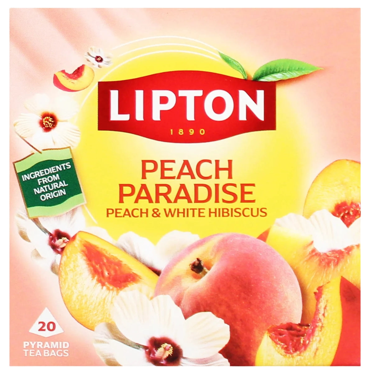 Lipton Peach Paradise 20 Tea Bags (46g) by Lipton features a vibrant design with juicy peach slices and delicate hibiscus flowers, along with a label that reads “Peach & White Hibiscus.” This caffeine-free herbal tea includes 20 pyramid tea bags, each containing a refreshing blend made from ingredients of natural origin.