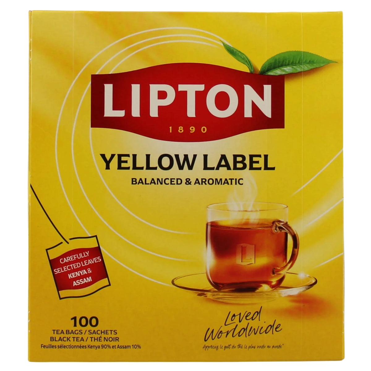 A box of Lipton Yellow Label black tea sachets, featuring a bright yellow background with the iconic red Lipton logo and an illustration of a steaming cup of tea.