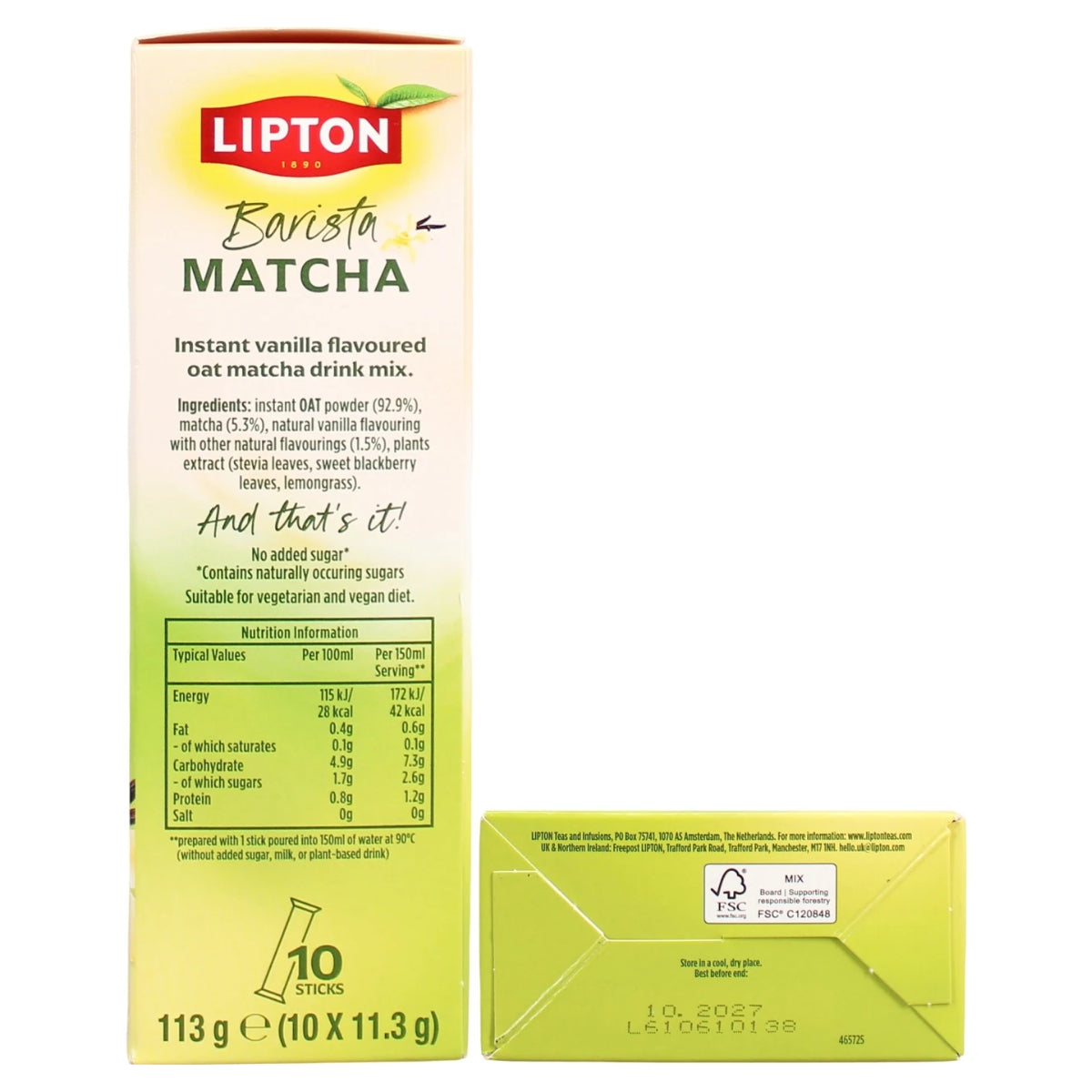 Lipton Barista Matcha instant vanilla-flavoured oat matcha drink mix packaging, showing the front of the box, a nutrition facts panel, and a green envelope-style sleeve on a white background.