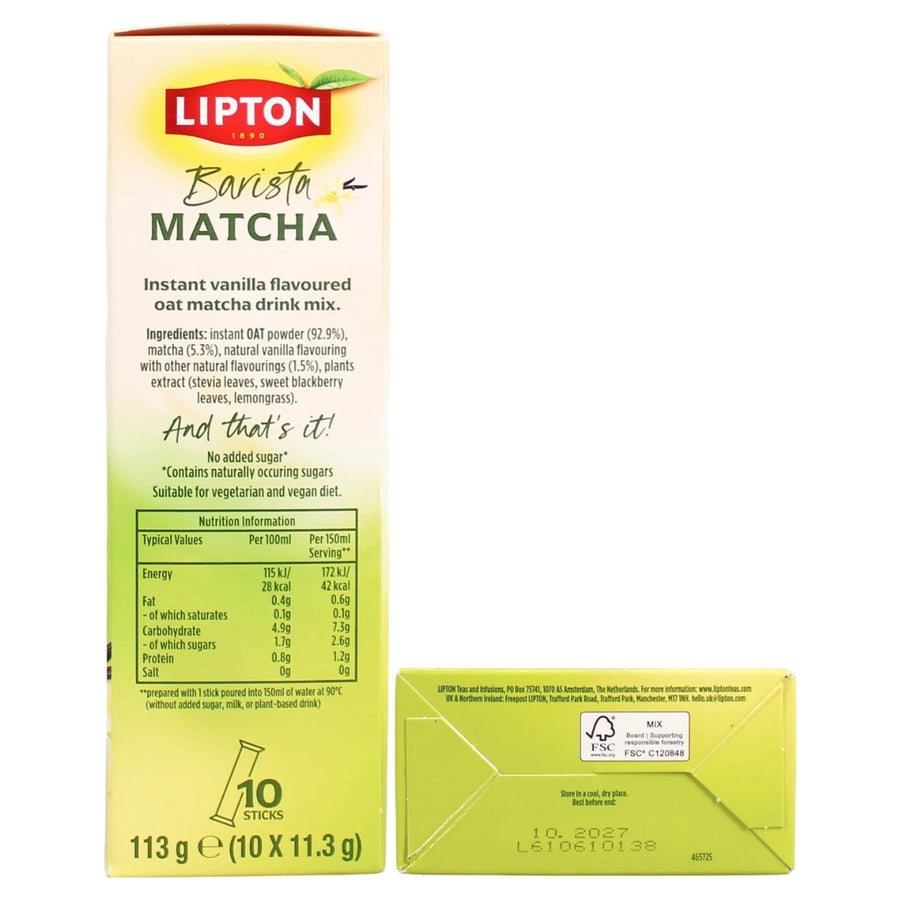 Lipton Barista Matcha instant vanilla-flavoured oat matcha drink mix packaging, showing the front of the box, a nutrition facts panel, and a green envelope-style sleeve on a white background.