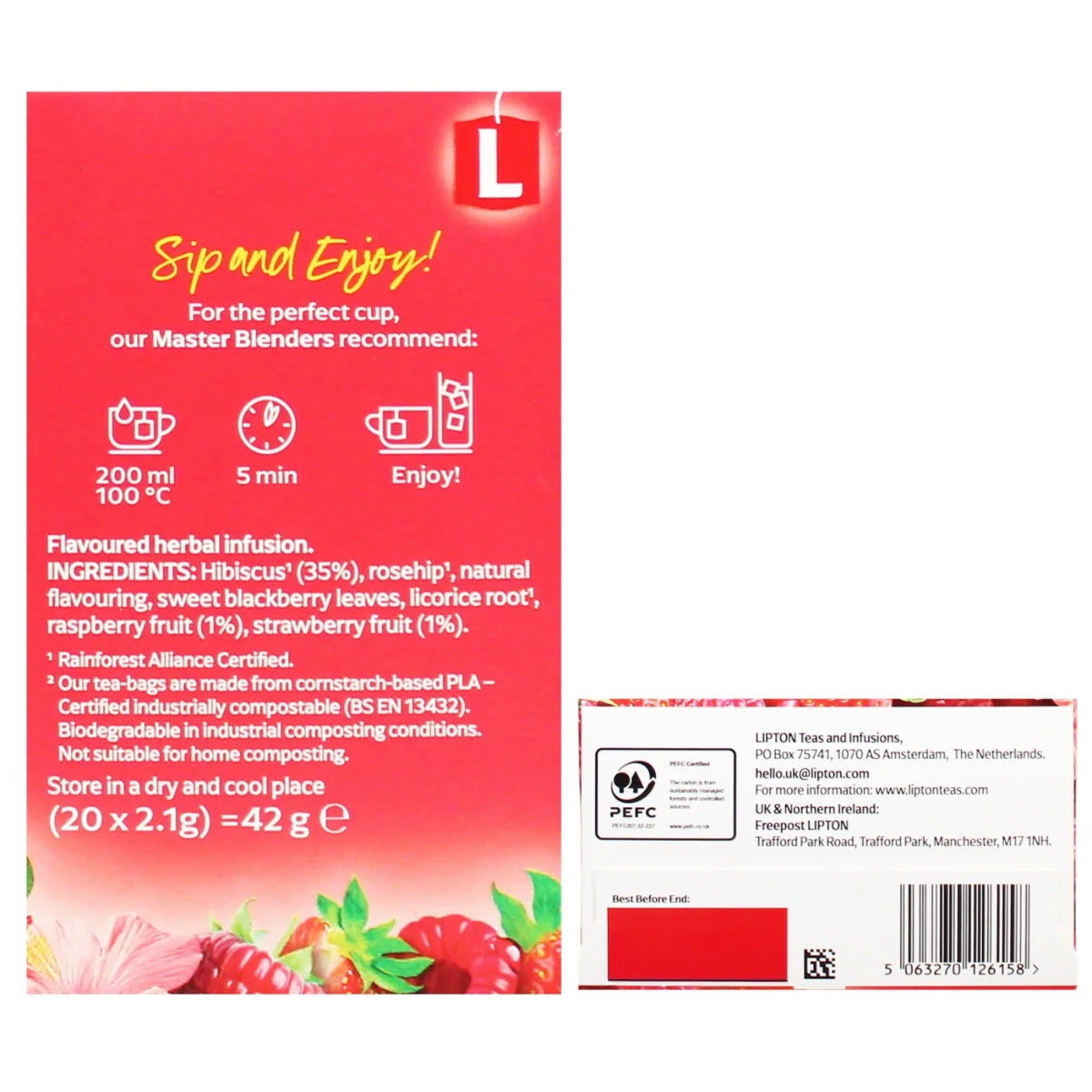 Front and back of a red tea bag packaging box for Lipton Herbal Infused Tea, showing ingredients, preparation instructions, and barcode details.