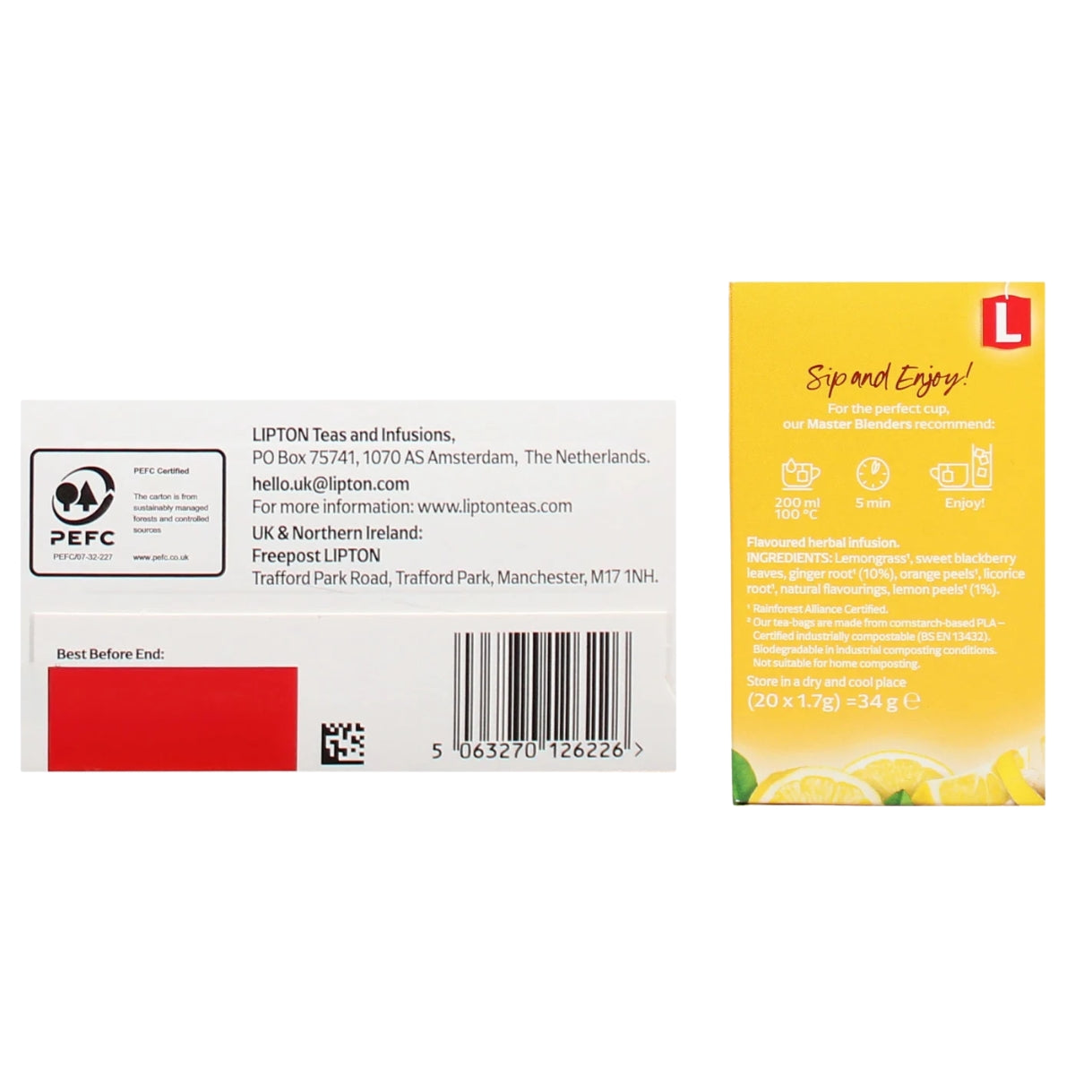 Two views of a Lipton tea packet packaging on a white background: the back view on the left is white with black text, a red block, and a barcode, and the front view on the right is yellow with lemon graphics and the headline 'sip and enjoy!'.