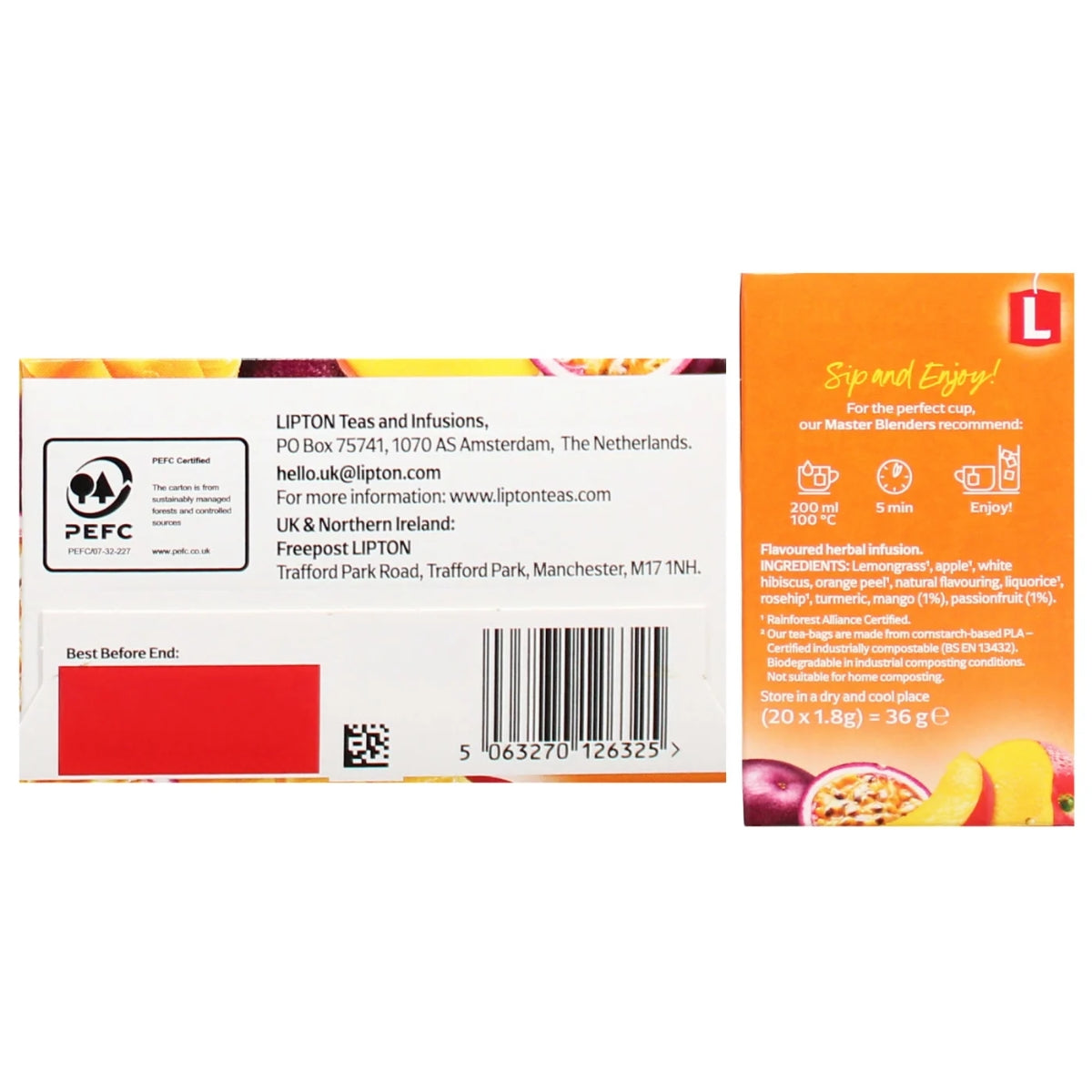 Back and side view of a Lipton - Mango Passion 20 Tea Bags (42g) box displaying contact information, usage instructions, nutritional details, and a barcode.