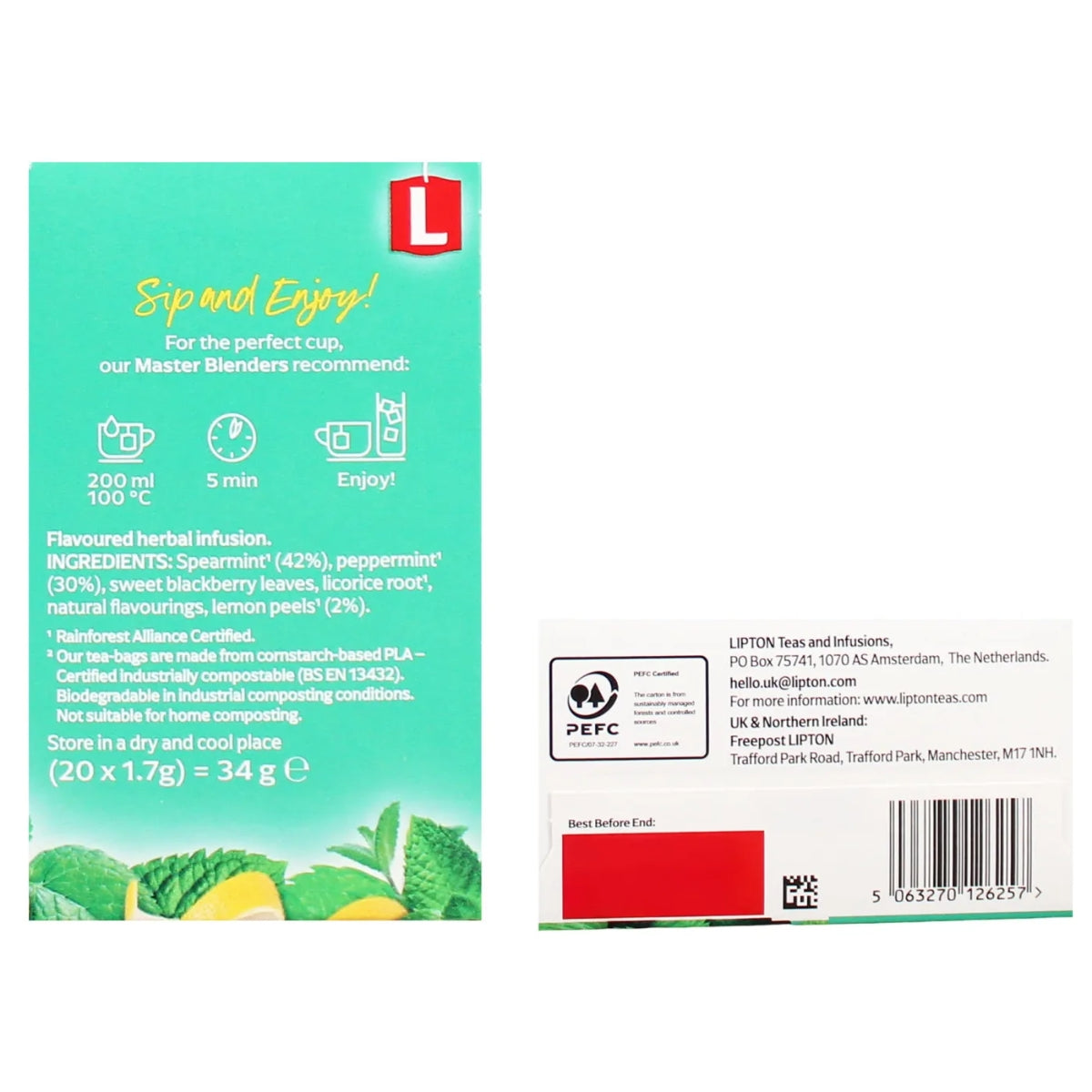 Back and side view of a Lipton - Mint 20 Tea Bags (42g) box displaying preparation instructions, ingredients list, certification logos, and company contact information.