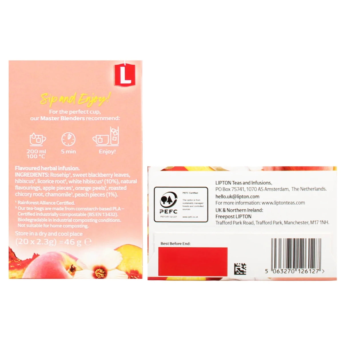 Back and side packaging of the Lipton - Peach Paradise 20 Tea Bags (46g) box, featuring vivid peach and floral graphics alongside straightforward brewing instructions. The design emphasizes this refreshing, caffeine-free herbal infusion made with select ingredients by Lipton. Additional details include contact information, barcode, and a display of convenient Lipton pyramid tea bags for enhanced flavor release.