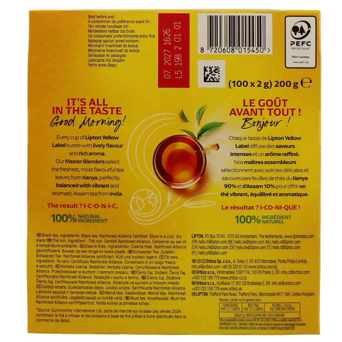 Back of a Lipton - Yellow Label Black Tea Bags (100x2g) box with product information, ingredients, brewing instructions, certifications, and text in English and French. A teacup with tea and tea leaves are illustrated.