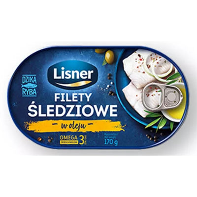 Packaging of Lisner Heringsfilets in Oil - 175g, featuring the product in a can with garnishes, and highlighted omega-3 content.