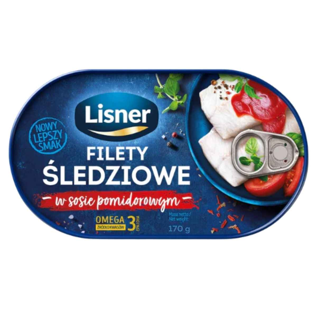 Lisner brand packaging of 170g fish fillets with tomato sauce on a white background