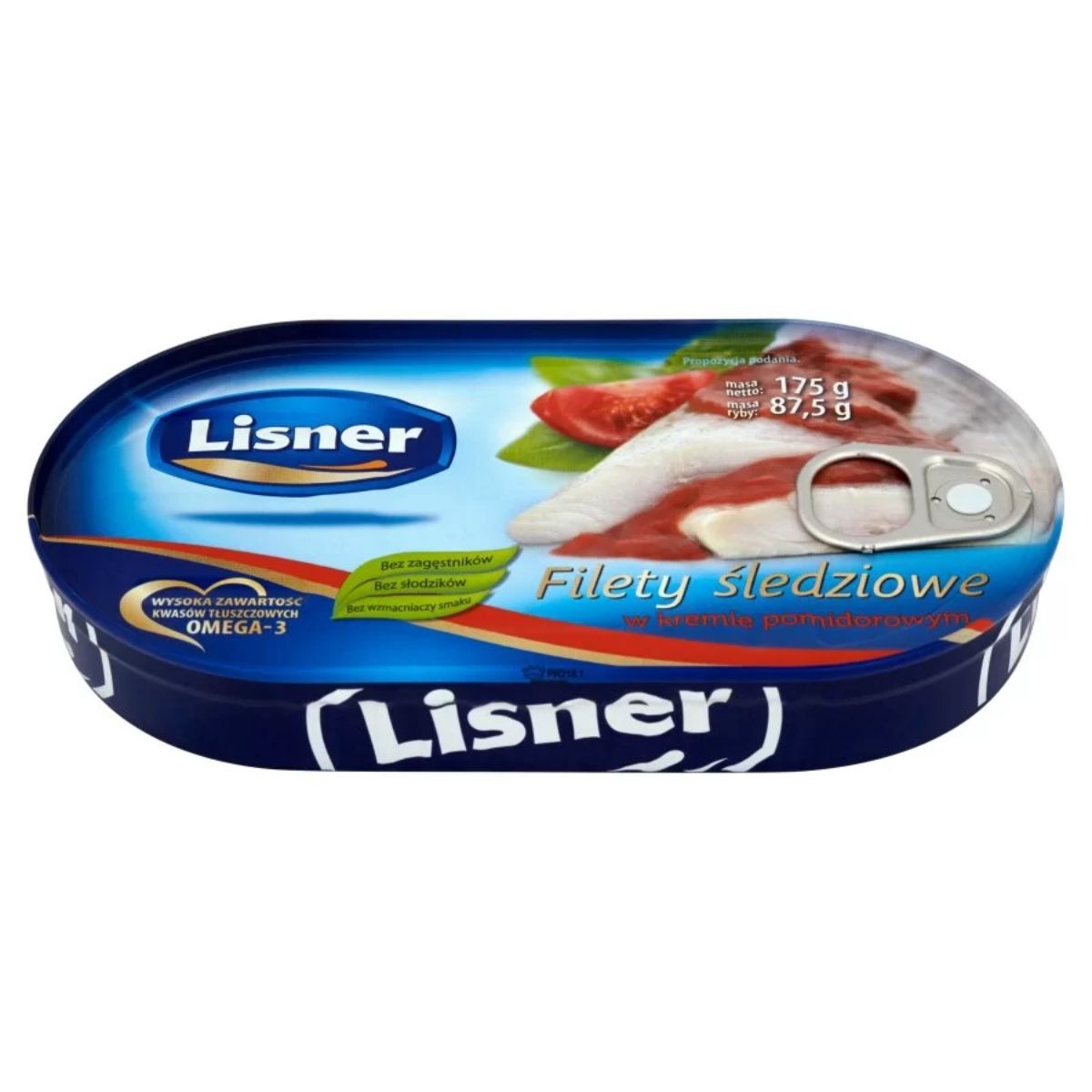 Oval tin of Lisner Herring Fillets in Tomato Cream, equipped with a convenient pull-tab lid and rich in nutritious omega acids.