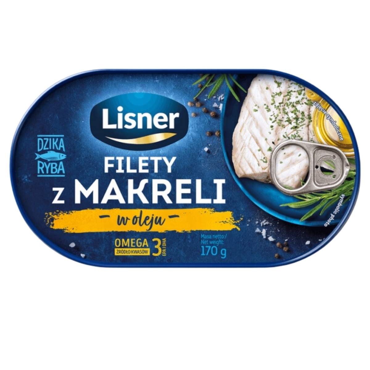 Lisner branded mackerel fillets in oil, labeled in Polish, contain omega-3 and weigh 175g.