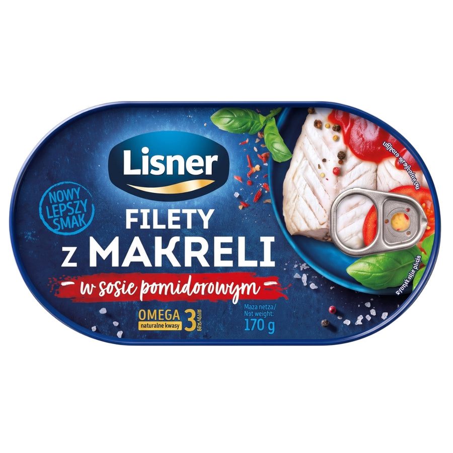 Oval tin of Lisner - Mackerel Fillets in Tomato Sauce - 170g with a pull-tab lid, featuring a serving suggestion of fish with basil and spices.