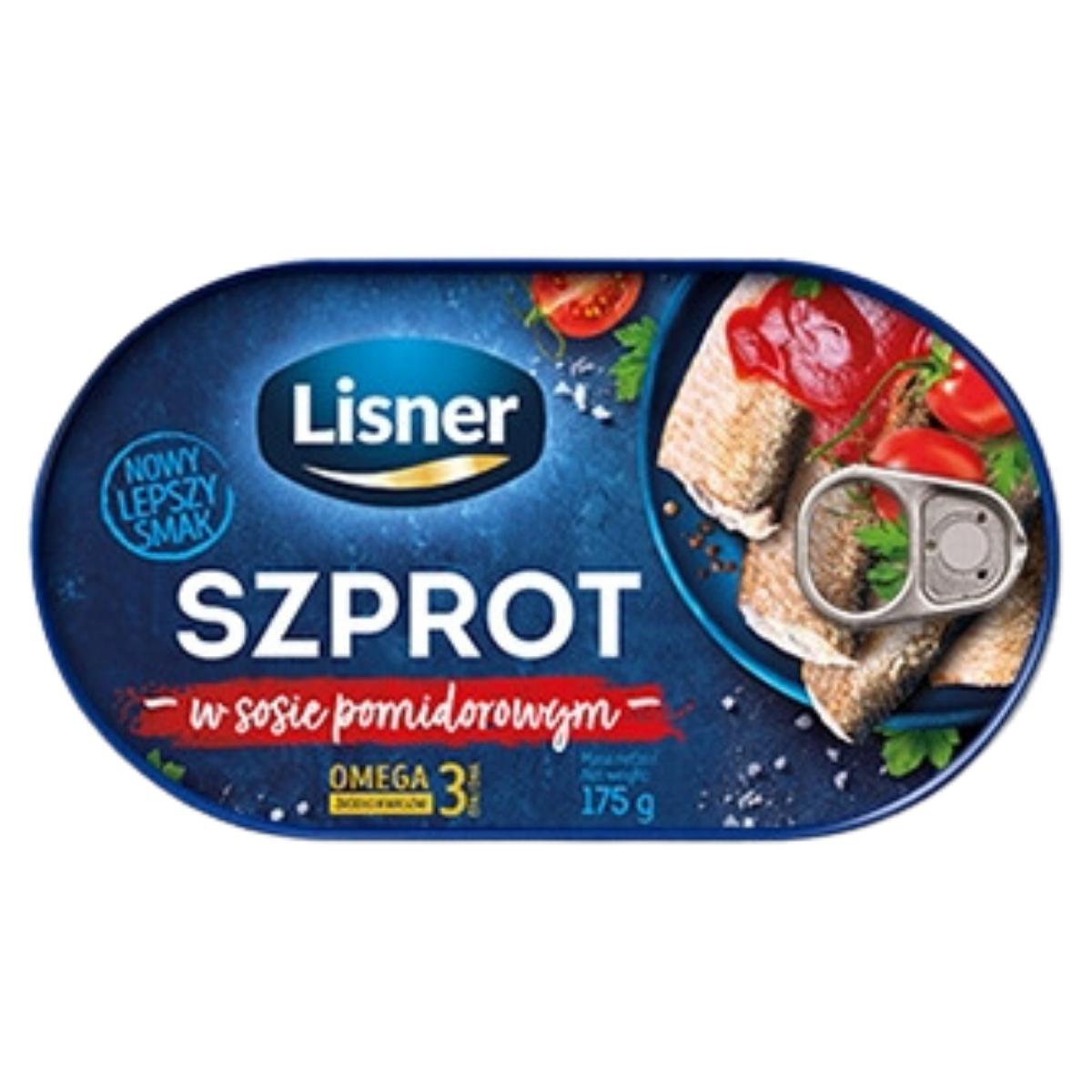 Oval can of Lisner - Sprat in Tomato - 175g, showcasing a dish of fish with tomatoes and herbs on the label.