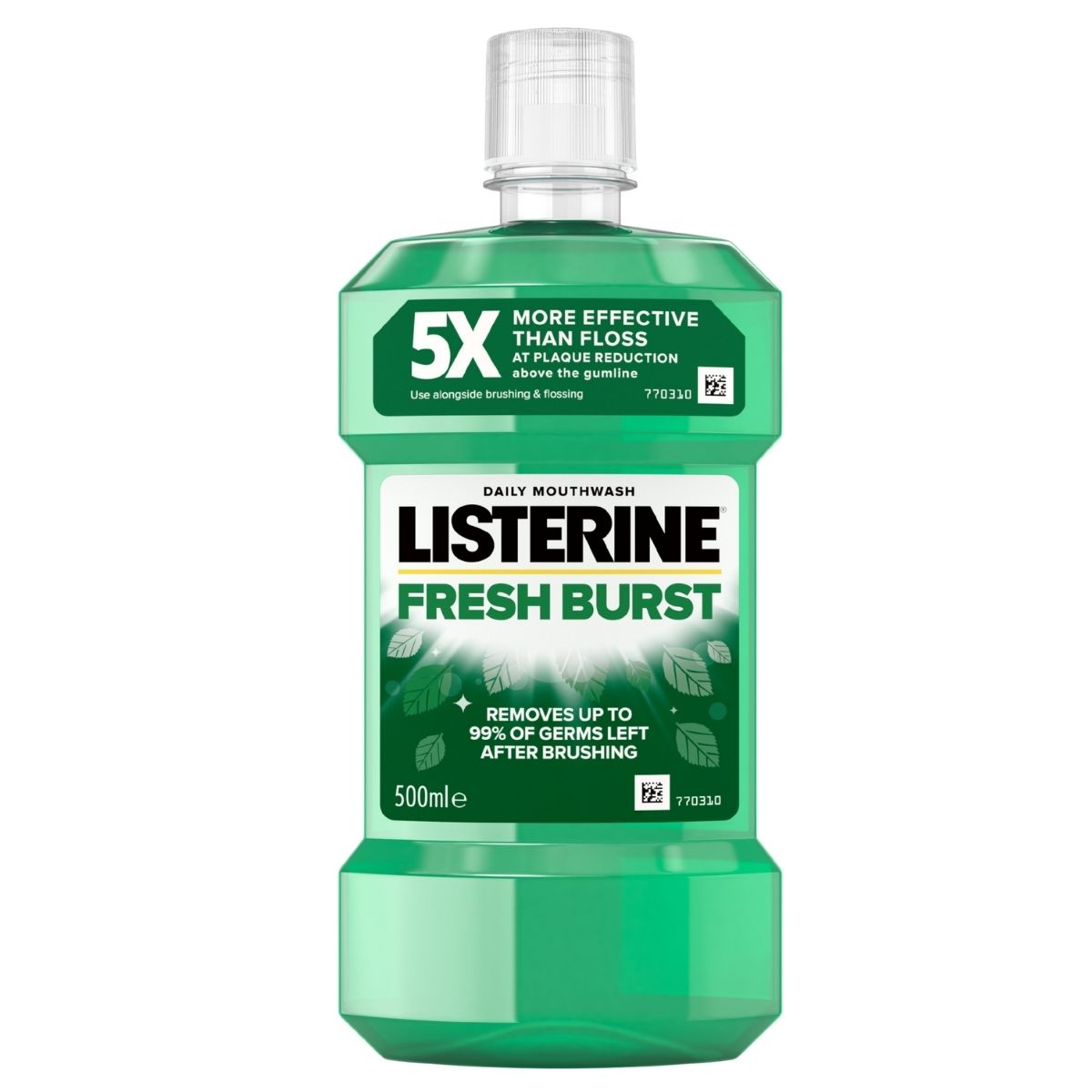 Listerine Fresh Burst Mouthwash 500ml delivers advanced oral care with a green liquid, claiming 5x plaque reduction and 99% germ kill after brushing for effective antimicrobial protection.